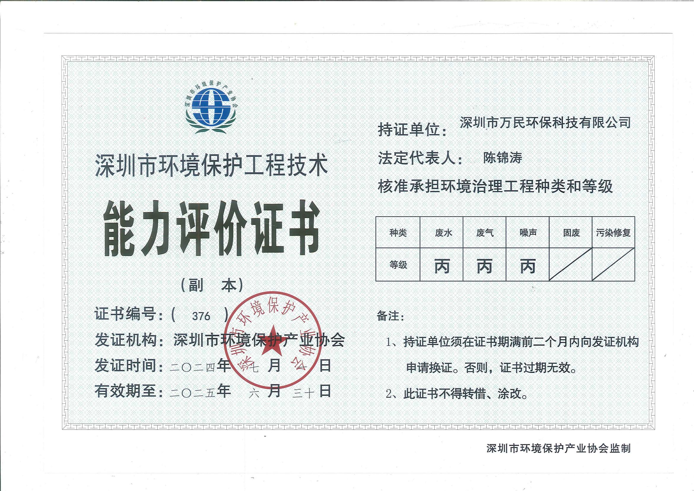 深圳市环境保护工程技术能力评价证书（2024.7.1）-（2025.6.30）副本